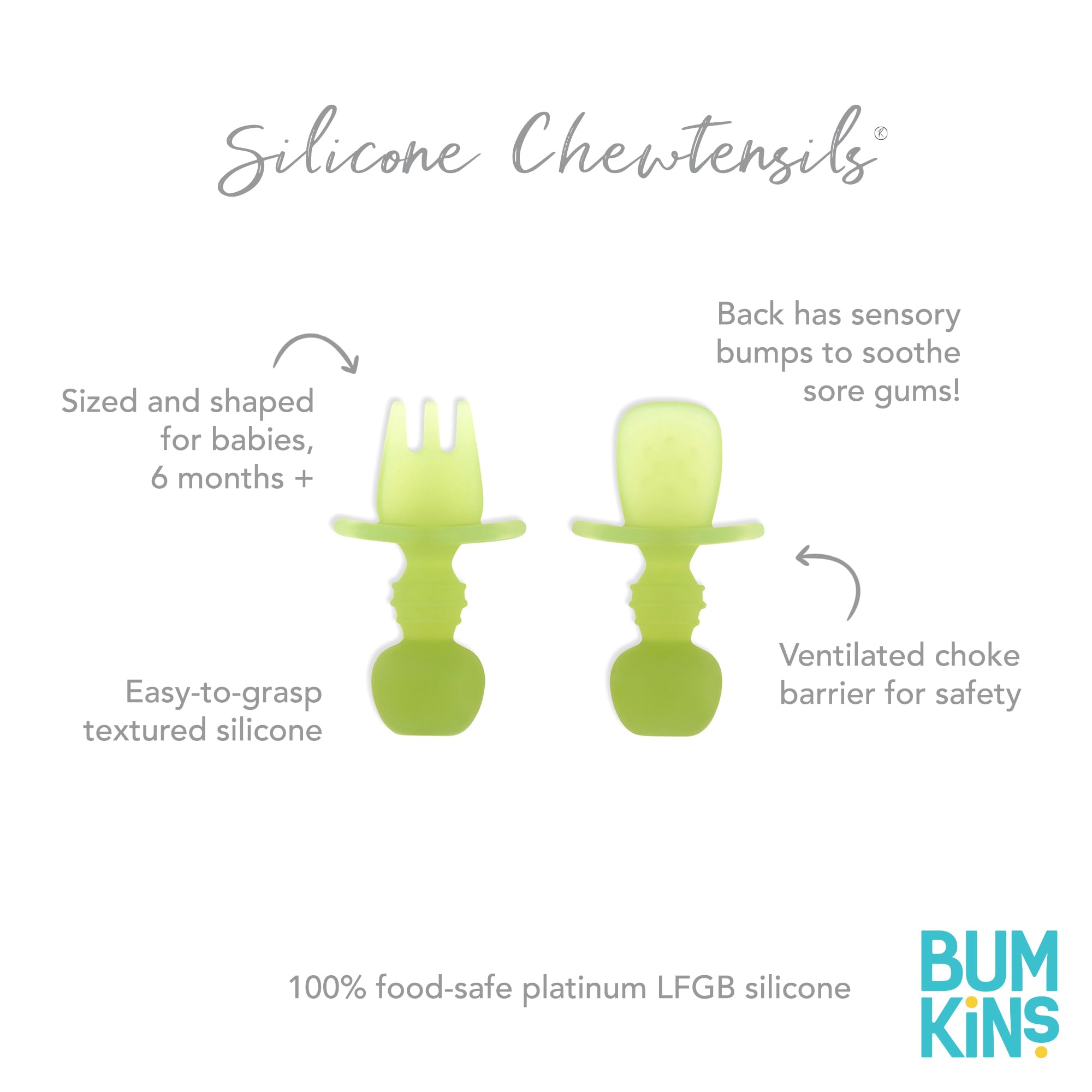 Bumkins Baby Utensils Set, Chewtensils Silicone Spoons for Dipping, Self-Feeding, Baby Led Weaning, Trainer Learning, First Stage Eating, Soft Practice Fork and Spoon, Babies 6 Months, Green Jelly