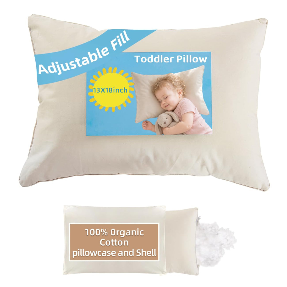LOFE Adjustable Kids Pillow for Ages 4-12 with Organic Cotton Pillowcase