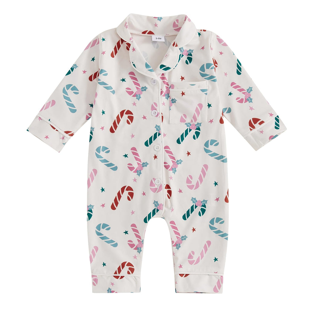 Balaflyie Baby Girl Button Down Pajamas Romper One-Piece Jumpsuit Long Sleeve Sleeper Infant Sleepwear (Candy Cane&White,6-12 Months)