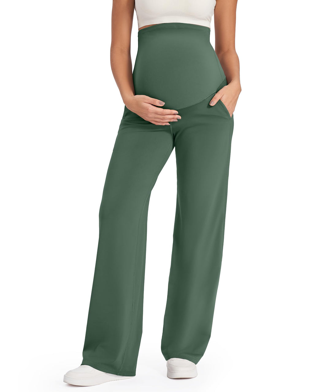G4Free Maternity Work Pants with Pockets,Dark Forest Green,XL,Short