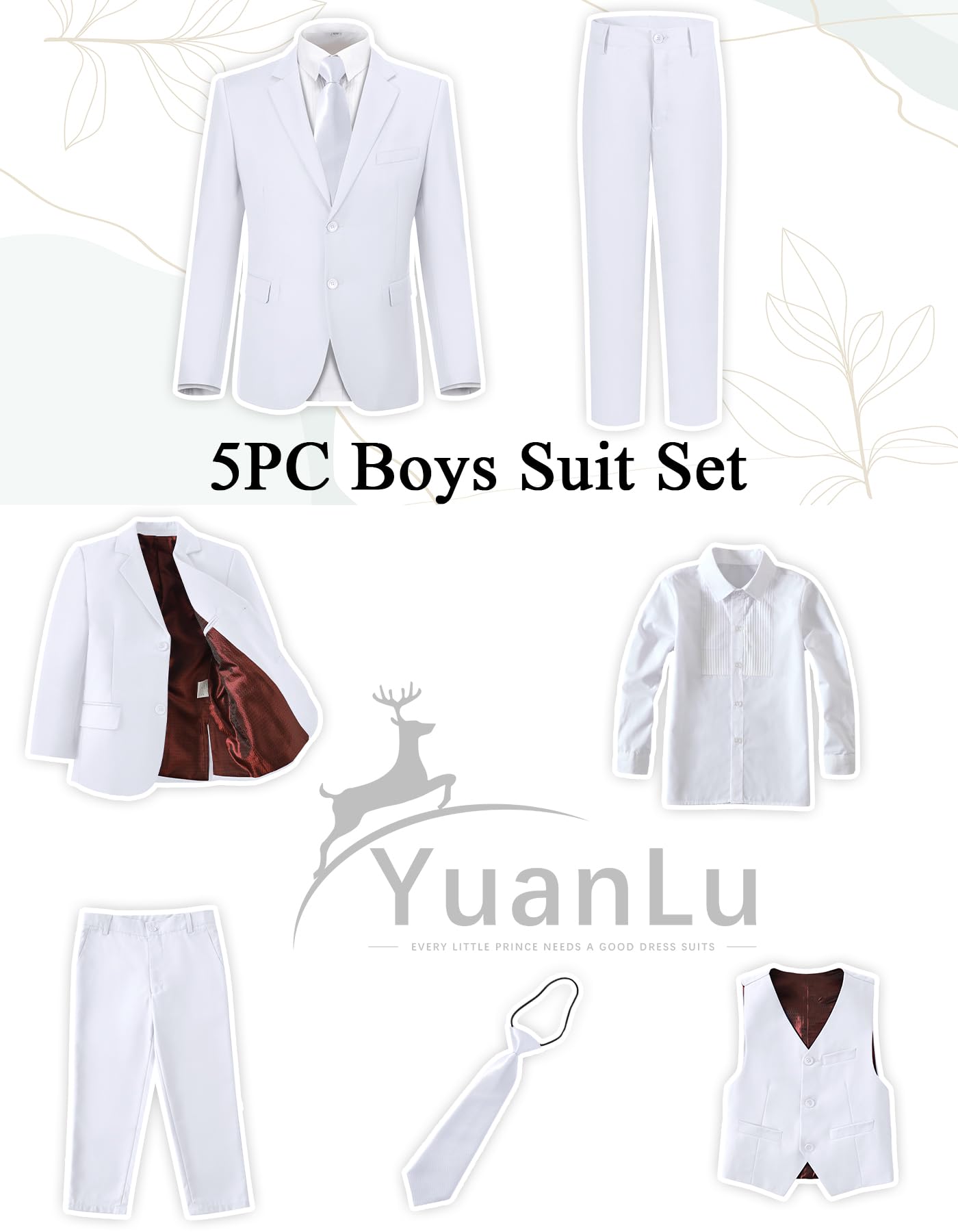 YuanLu Toddler White Tuxedo Boys Slim Fit Communion Outfit Kid Suit Size 2T
