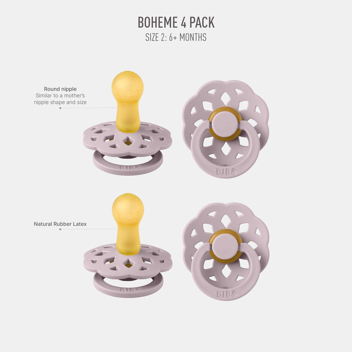 BIBS Boheme Pacifier, 6-18 Months, 4-Pack, Round Nipple, Dusty Lilac