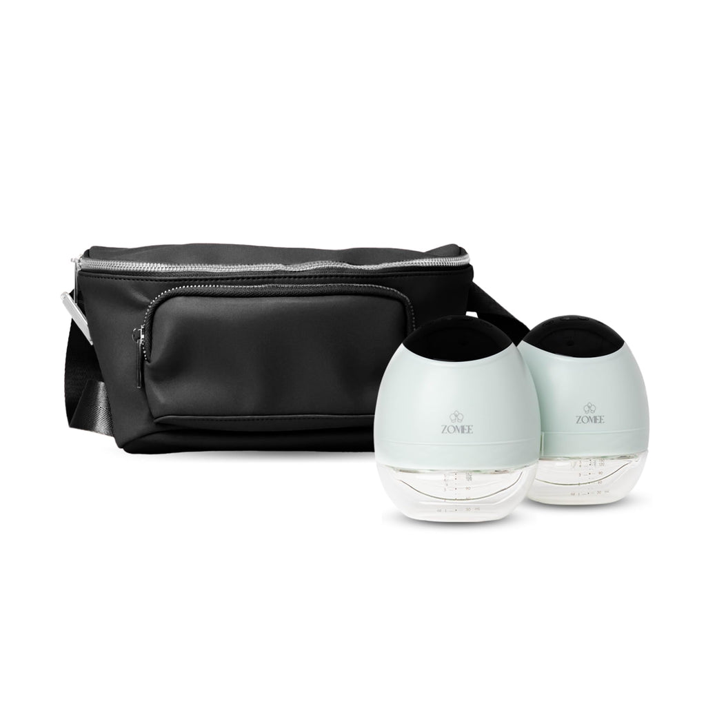 Zomee Fit Wearable Breast Pump, Hands Free, Portable,Discrete Electric Double Breast Pump Holds 5 oz -Wireless 2+ Hours of Battery Leak Proof Anti Backflow - Fanny Pack with Diaper Chaning Pad (Black)