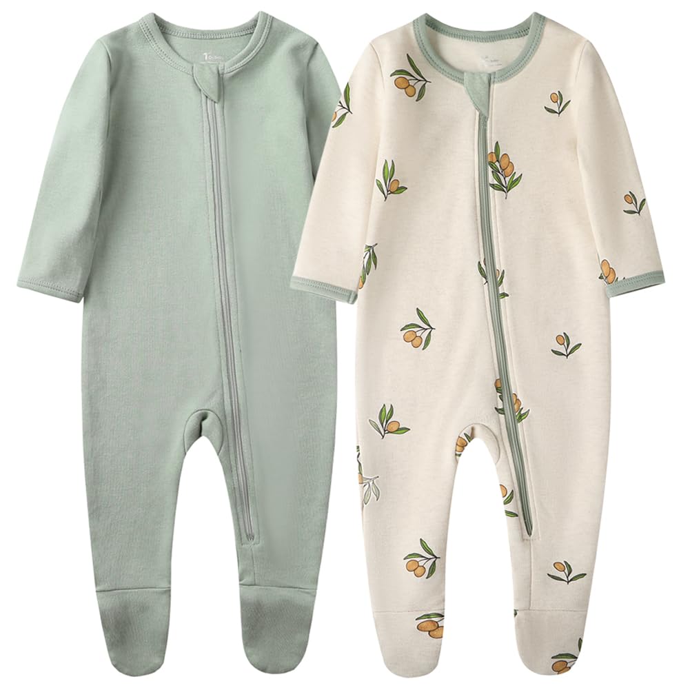 O2 BABY Baby Boys Girls Organic Cotton Zip Front Sleeper Pajamas, Footed Sleep 'n Play（Newborn, Olive & Sage）