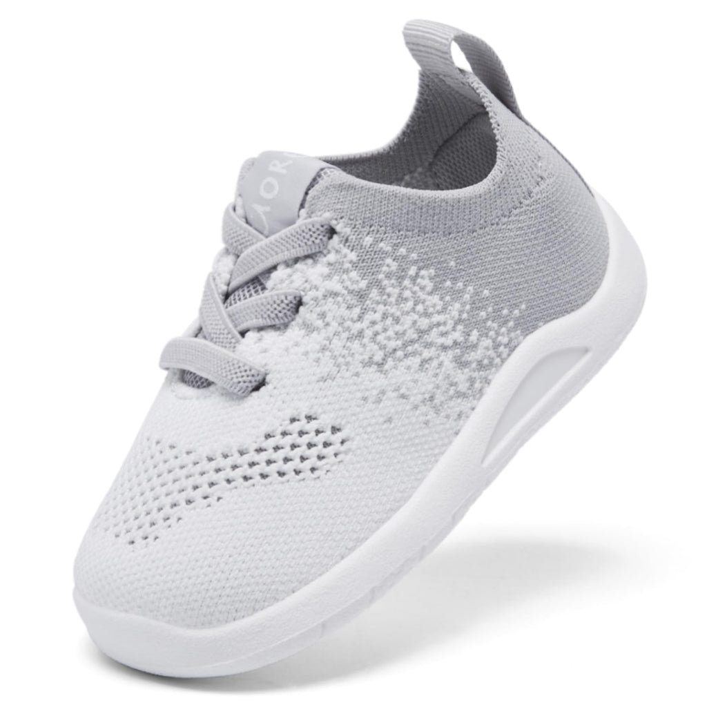 MORENDL Toddler Sneakers Baby Non-Slip Lightweight Breathable Barefoot Shoes Infant Tennis Walking Shoes White Grey Mesh 15-18 Months