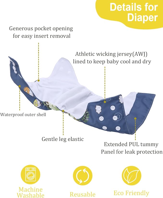 babygoal AWJ Cloth Diapers with Tummy Panel Pack of 13, 6 Diaper Cover with 6 Inserts and Wet Dry Bag, Adjustable Washable Reusable for Baby Girls and Boys