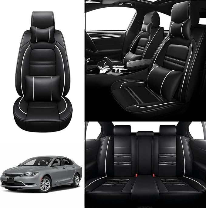 Car Seat Covers for Chrysler Car 200 2011-2017 | 5-Seats Seat Covers, Waterproof Seat Protectors, Automotive Seat Covers (Full Set with Pillow,Black&White Line)