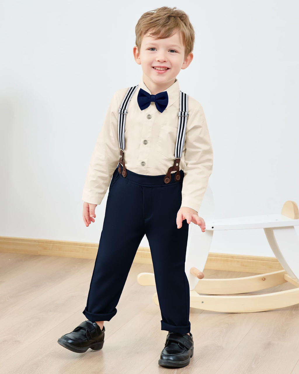 nilikastta Boys Outfits Gentleman Wedding Outfits Green Dress Shirt With Bowtie/Suspender Pants for School Play 18-24 Months