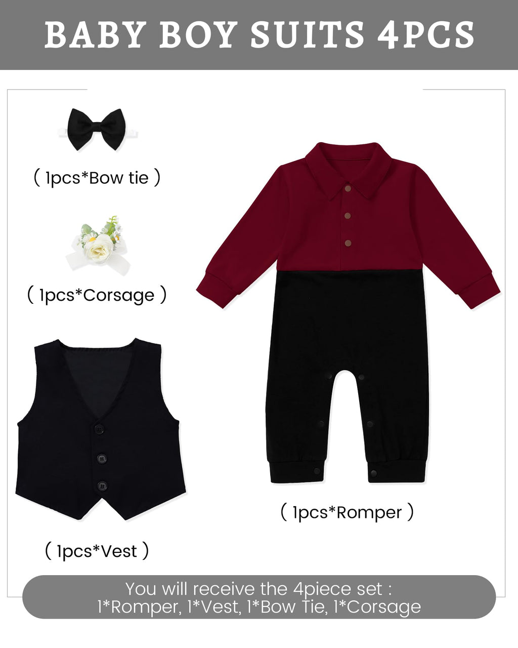 mikiumkee Baby Boy Suit Gentleman Clothes Wedding Outfits Formal Jumpsuit Long Sleeve Romper+Vest Wine Red 18-24 Months