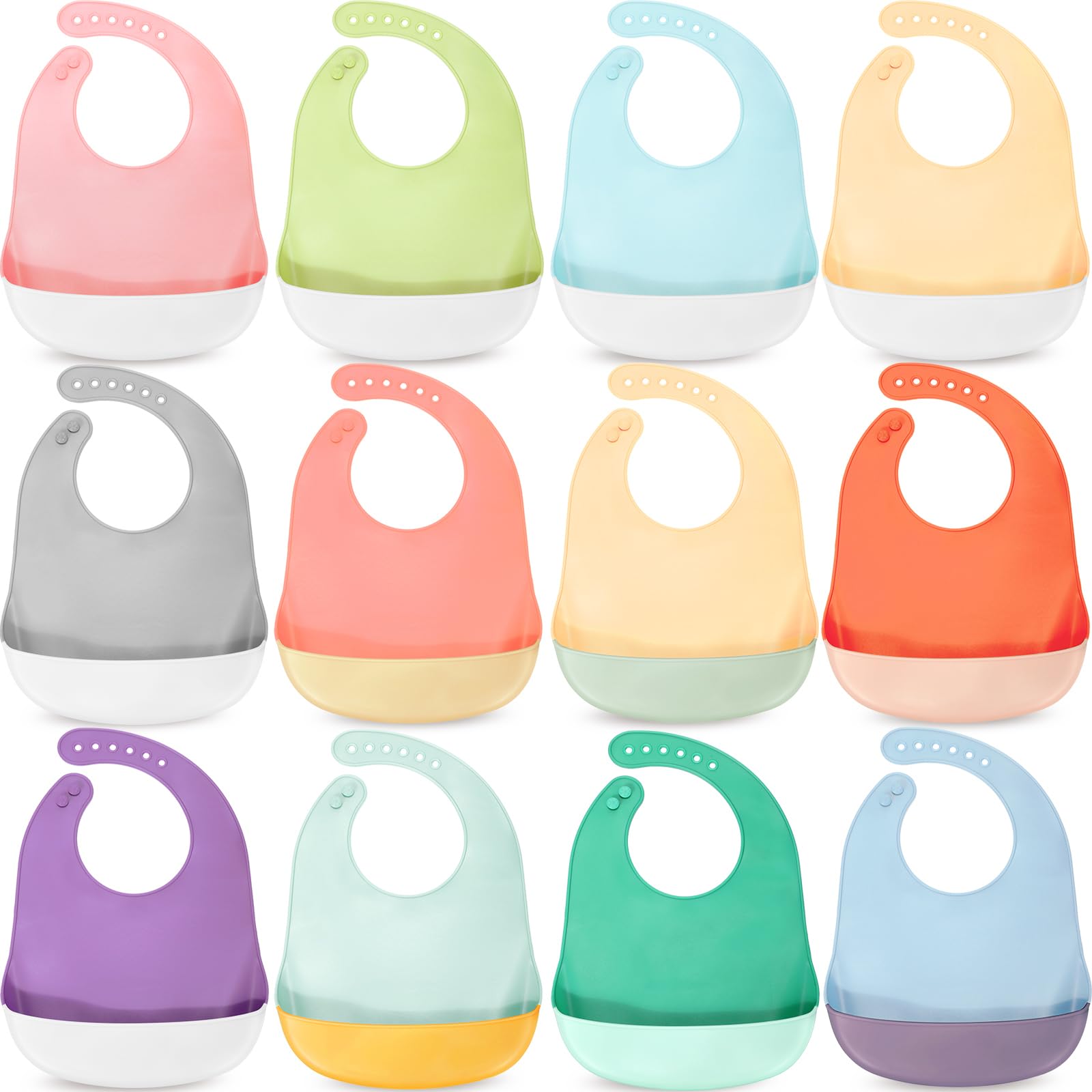 Mepase 12 Pcs Silicone Bibs Waterproof Silicone Baby Bibs Soft Adjustable Baby Feeding Unisex Baby Eating Supplies(Bright Color)