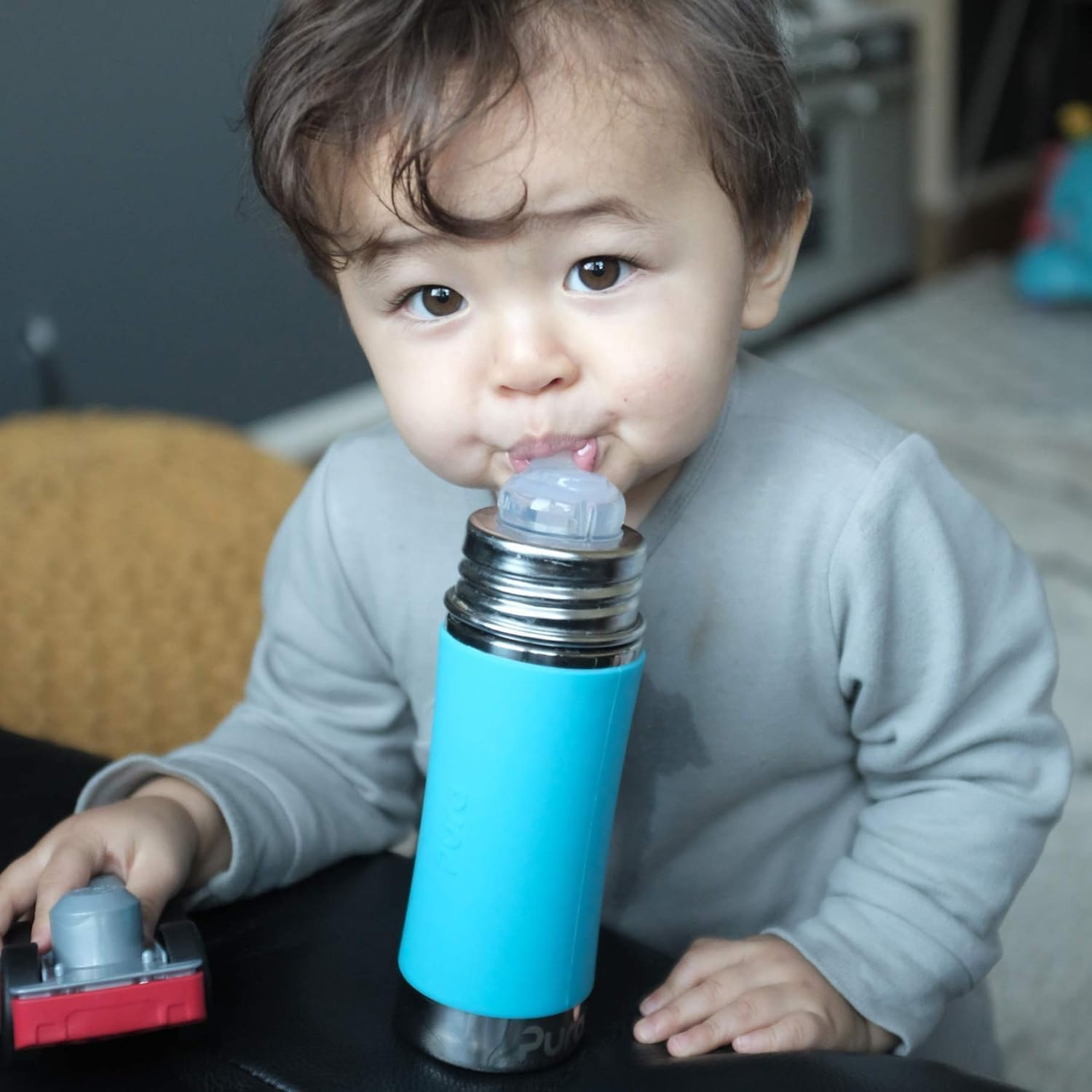 Pura Toddler, Baby Straw Bottle - Stainless Steel, Plastic Free, Silicone Straw, Aqua Swirl