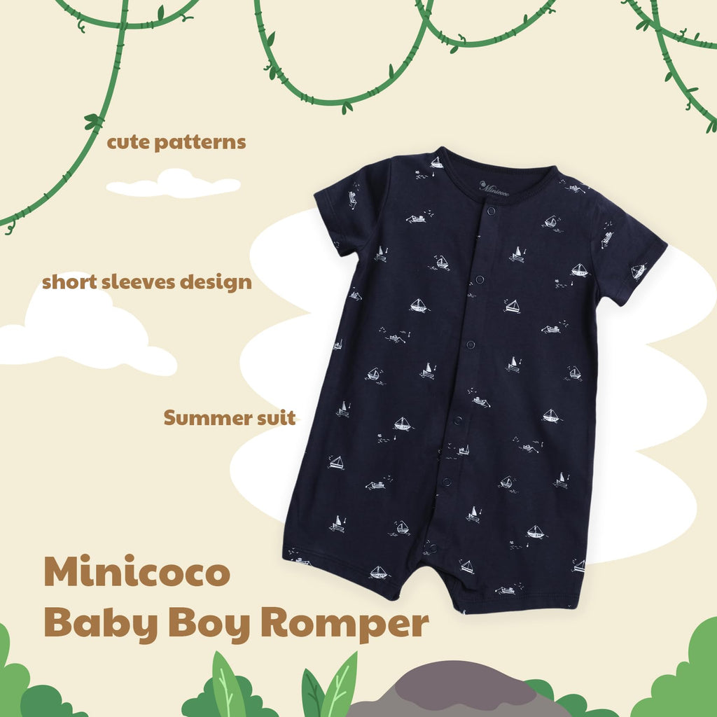 Minicoco 3-Pack 100% Cotton Baby Boy Rompers,0-24Months Short Sleeve Toddler Romper,Breathable Spring/Summer Clothes