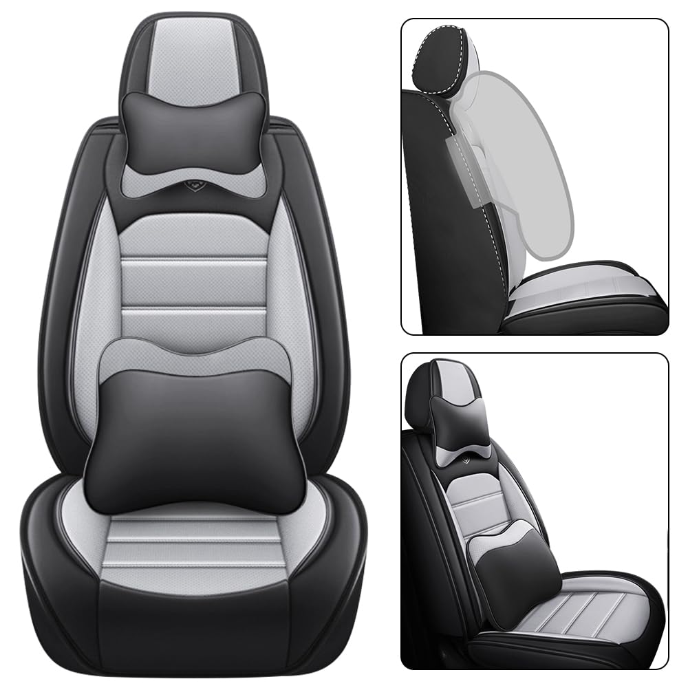 LEYPOCO Leather Seat Cover for Ford Edge 2010-2026,Waterproof Soft Seat Covers,Interior Accessories Seat Covers Cushion Vehicle Protector Airbag Compatible(Black&Gray,Full Set with Pillow)