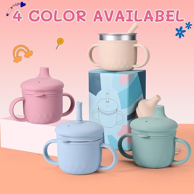 BUSOHA Stainless Steel Sippy Cups - 3 IN 1 Silicone Sippy Cup for Toddlers Baby Straw Cup with Brush Kids Cups with Lid and Silicon Straw Anti-Drop Spill Proof Cups for Travel,8 oz, Pink