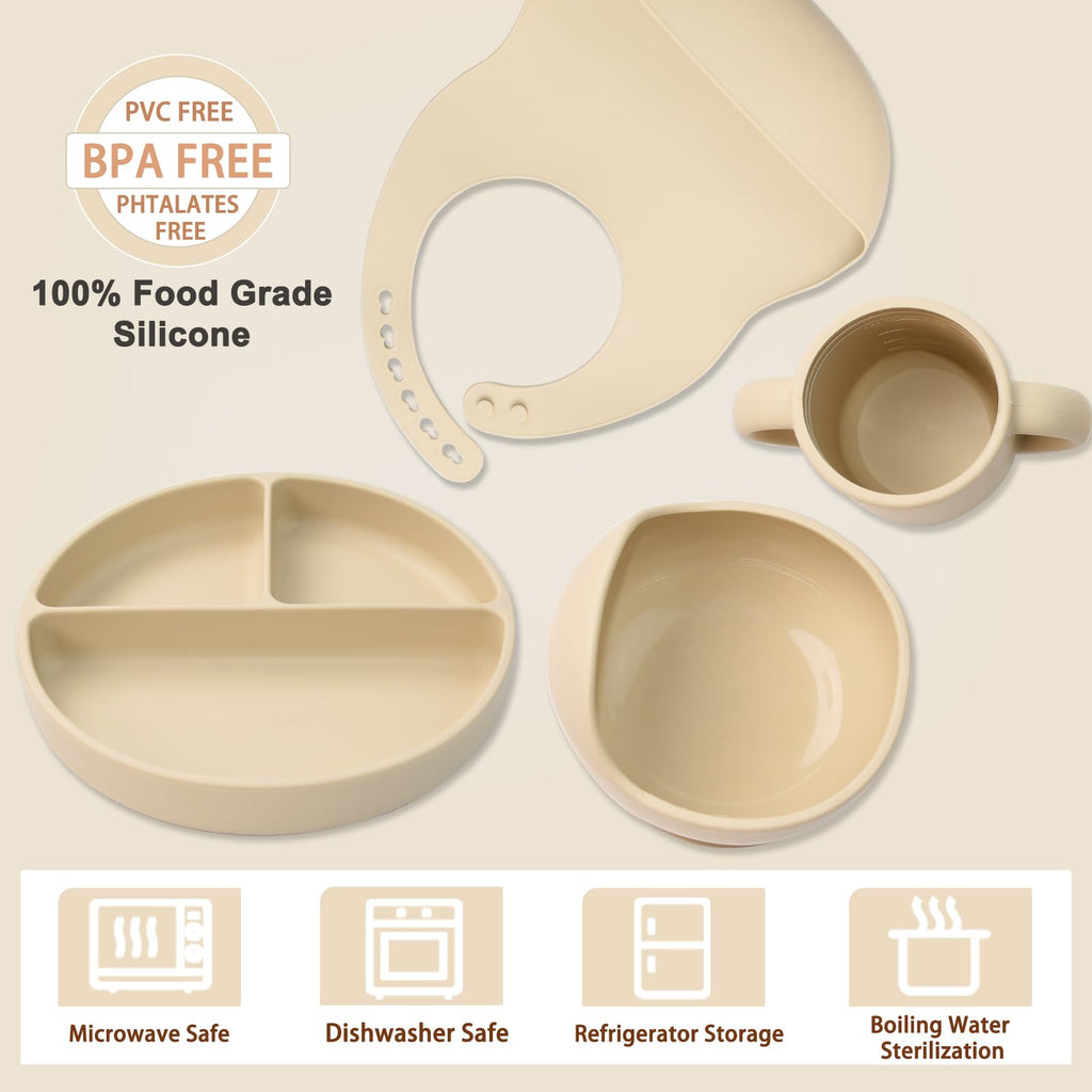 Silicone Baby Feeding Set 14 Pcs, Baby Led Weaning Set, 6M+, Beige