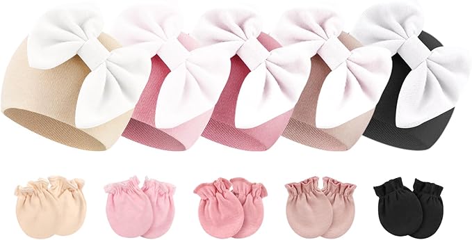 BQUBO Newborn Baby Girls Hats Mittens Set Hospital Hat Beanie Infant Bow Hats Baby Cotton Gloves for 0-6 Months