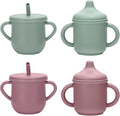 Silicone Toddler Cups Set, 2 Straw Cups and 2 Sippy Cups for 6+ Months Baby, Leakproof Spillproof Training Cups with Handles, Easy Clean (Green+Pink)