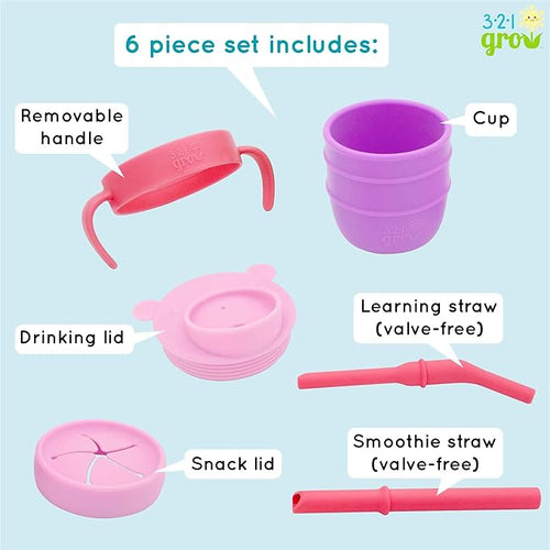 321 Grow Easy Learn Drink and Snack Set – Baby + Toddler Silicone Learning Cup & Snack Set, Training Cup for Straw and Open Cup Independence – Dishwasher Safe (Plum)