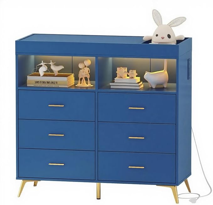 GarveeHome Dresser for Bedroom with 6 Drawers, Baby Changing Table Dresser with Changing Pad, LED Lights & Charging Station, Baby Changing Station with Changing Table Top