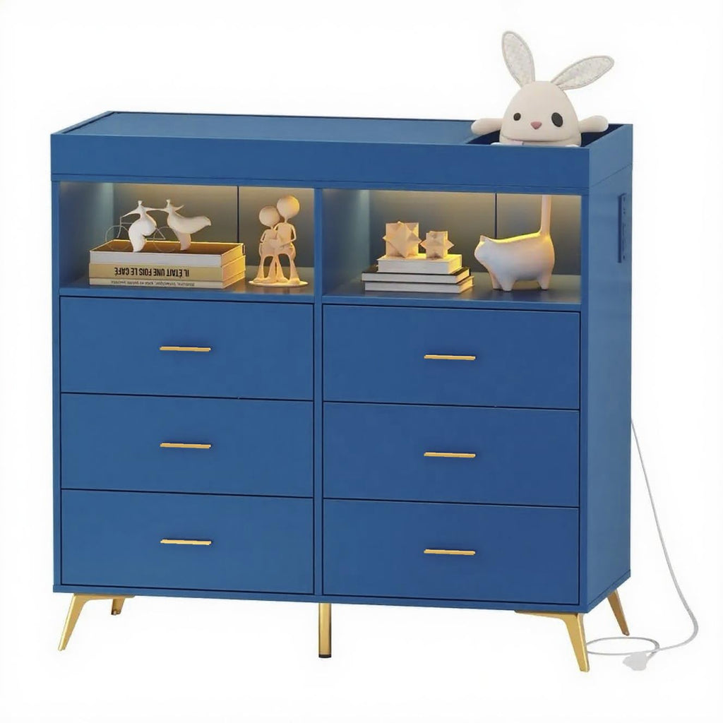 Babevy Changing Table Dresser with Drawers, Baby Dresser with Changing Table Top, Power Outlet, LED Light & Metal Feet, Diaper Changing Station Nursery Organizer for Infants Newborn (Blue)