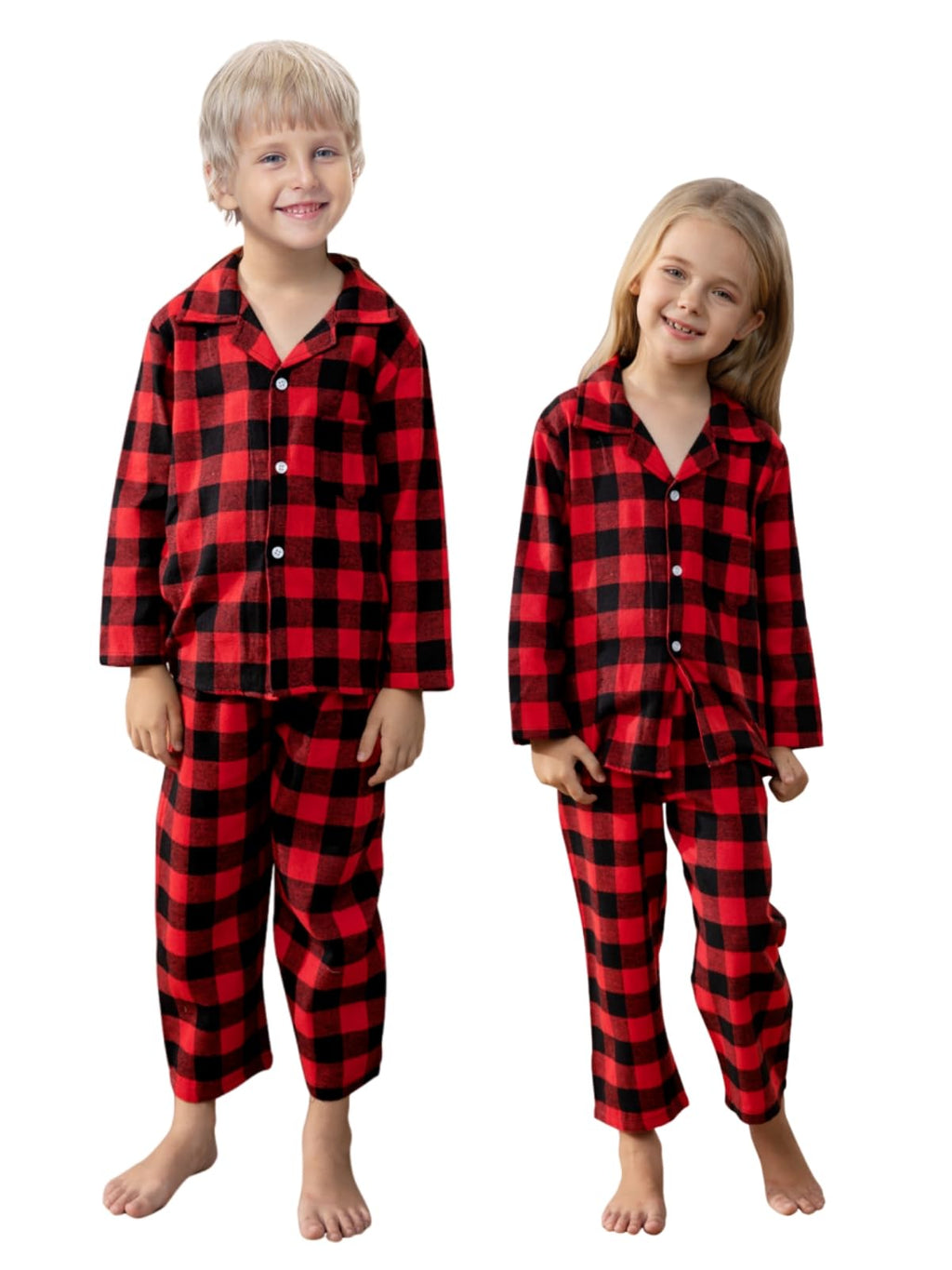 Schbbbta Kids Plaid Pajamas Set, Girls Boys 2-Piece Pajamas Set Long Sleeve Sleepwear Button Down Pjs, Red Black, 13-14 Years = Tag 170