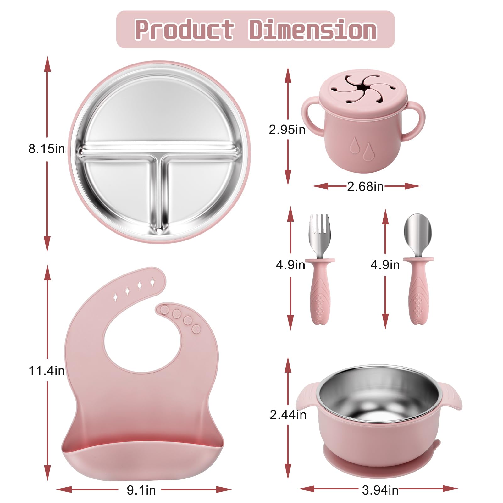 MISSLILI Stainless Steel Kids Plates and Bowls Set with Suction - (Pink)