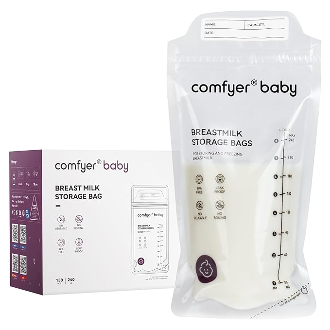 150 Pcs Breastmilk Storage Bags, 8oz Large Capacity, No Leak, Easy Storage with Self Sanding or Lay Flat, in-Out Seperate Design, Recyclable & BPA Free