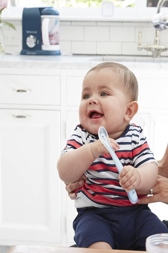 BEABA First Stage Baby Feeding Spoon Set, THE ORIGINAL Soft Tip Silicone Spoons for Babies, Gum Friendly BPA Lead Phthalate and Plastic Free, Great Gift Set (4 Pack), Cloud