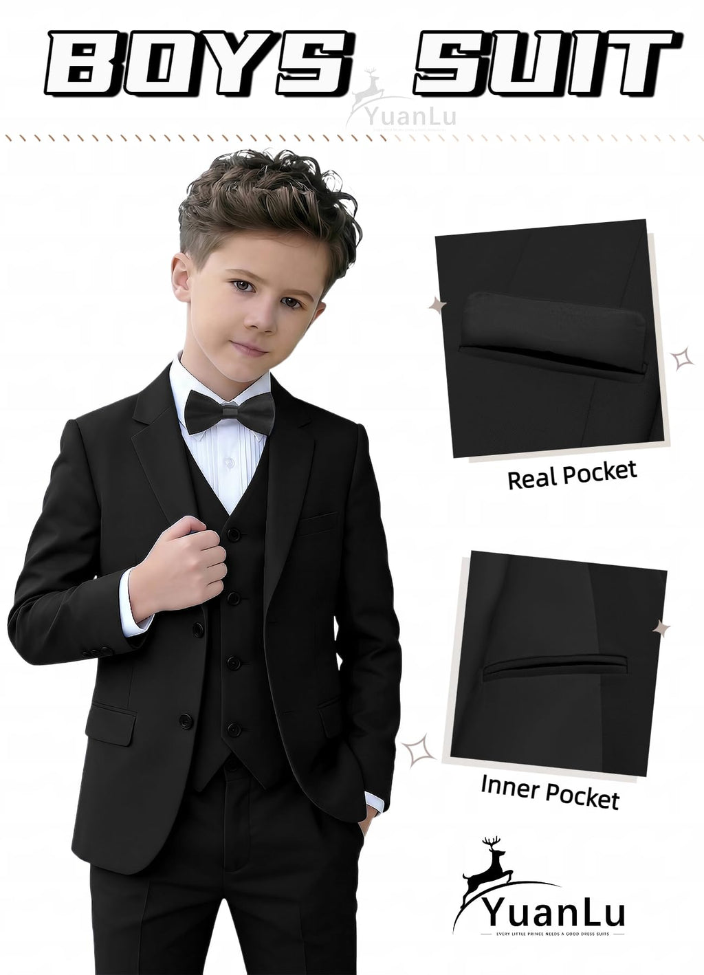 YuanLu Kids Suits for Boys Formal Slim Fit Tuxedo Black Youth Suits Size 14