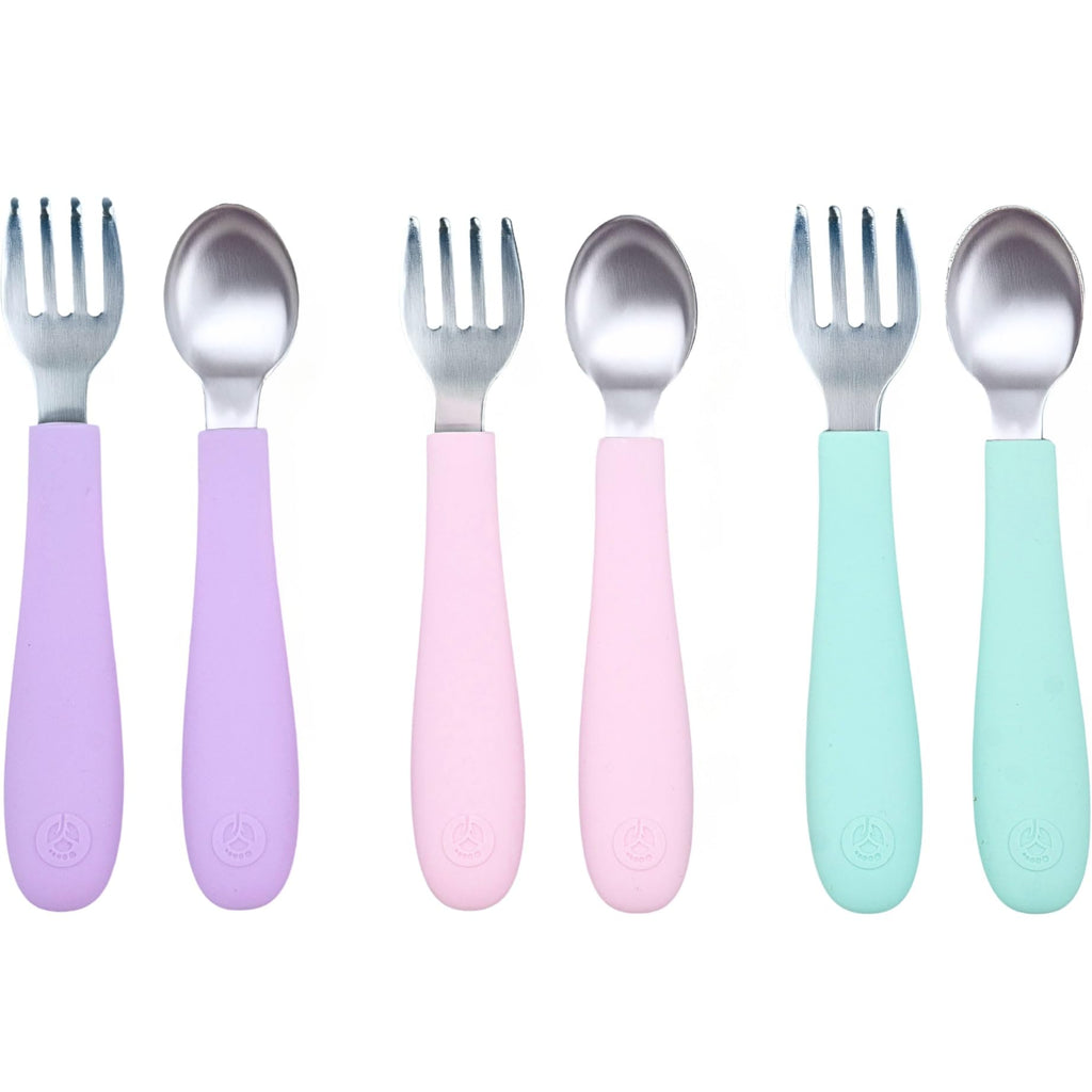 WeeSprout Toddler Utensils, 3 Forks & 3 Spoons, 18/8 Stainless Steel & Food Grade Silicone, Thick Easy-Grip Handles, Perfect Length For New Self Feeders, Gentle On Gums & Teeth, Dishwasher Safe