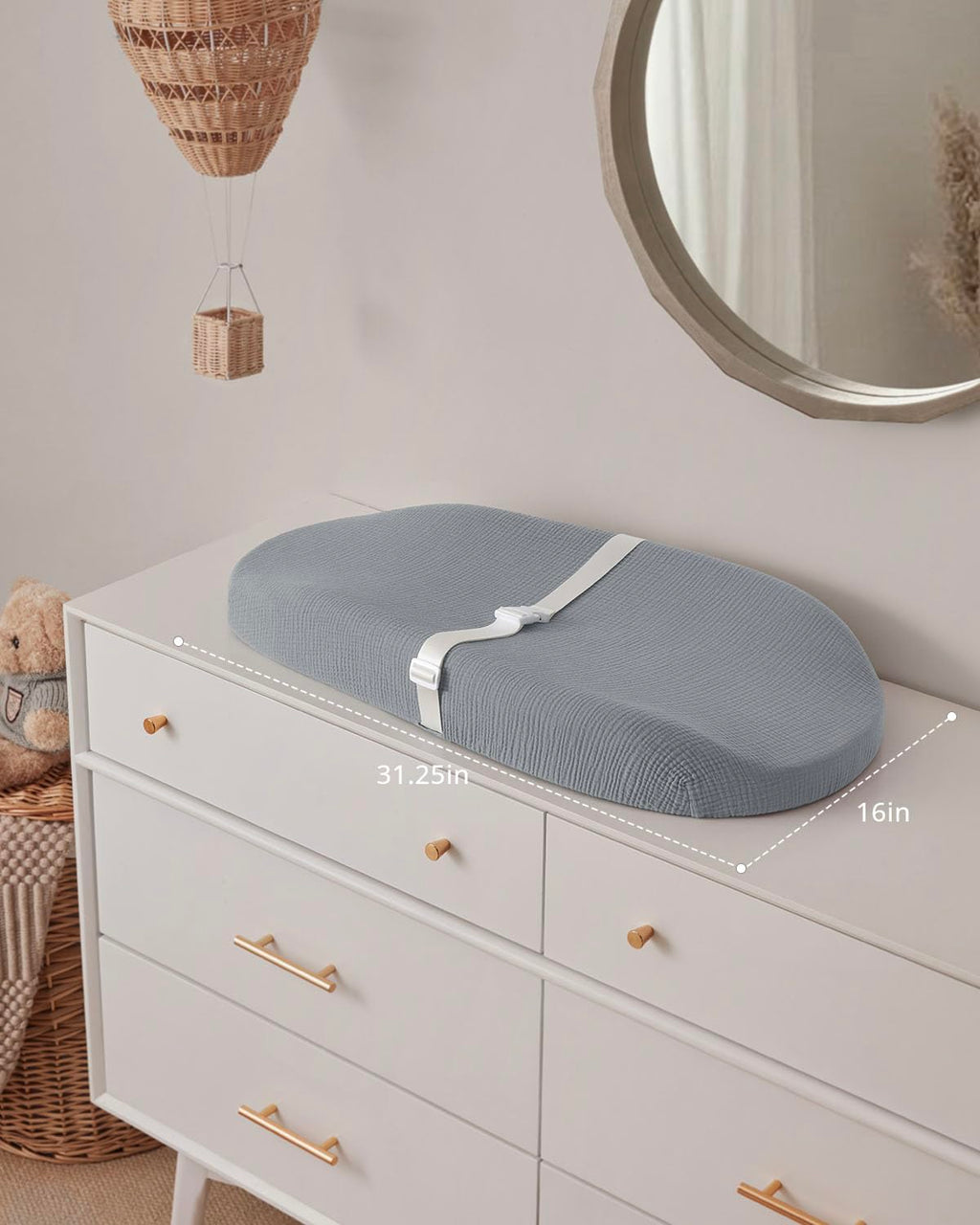 Blissful Diary Muslin Baby Changing Pad with Waterproof Lining Foam, Diaper Changing Table Pad with Cover for Dressers (Gray, Avocado)