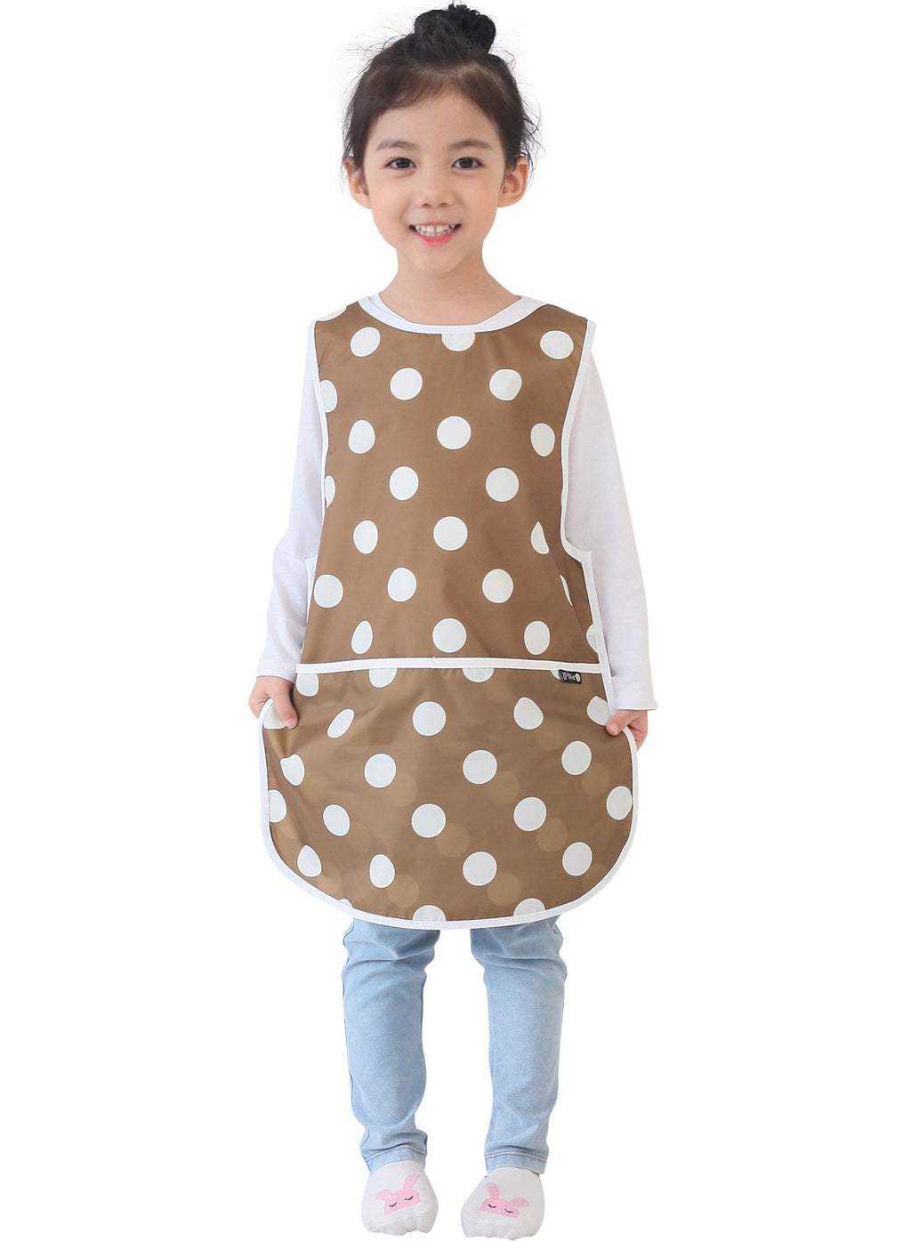 Plie Kids Painting Apron – Waterproof Art Smock for Toddlers & Preschoolers, Messy Play, Baking, Crafts, Cooking, Sensory Activities, Mealtime (Ages 1–10), Brown Dot (42-M)