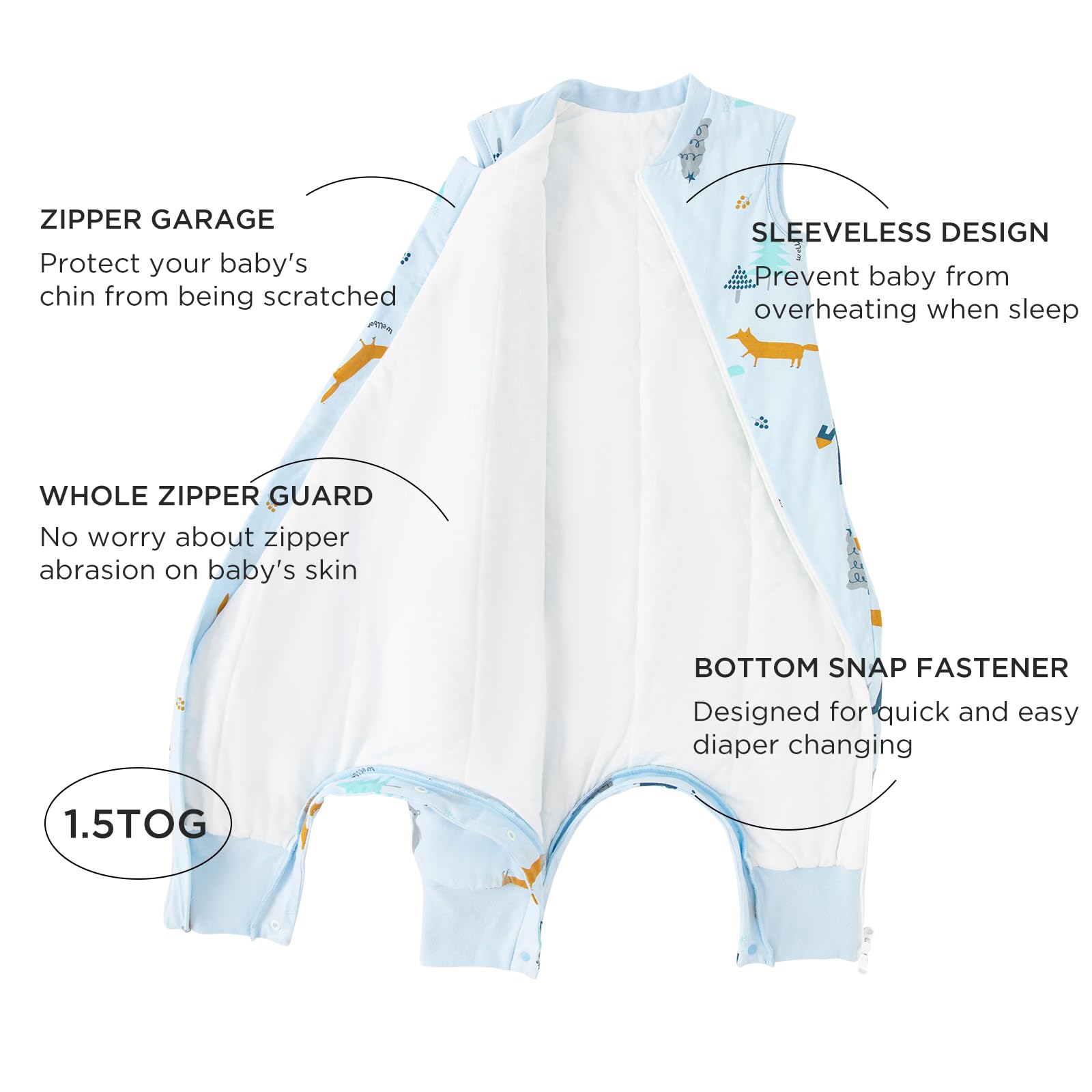 Duomiaomiao 1.5 TOG Toddler Sleep Bag 12-24 Months 100% Cotton Four Season Side Open Zipper Baby Sleep Sack with Feet, Breathable Toddler Wearable Blanket