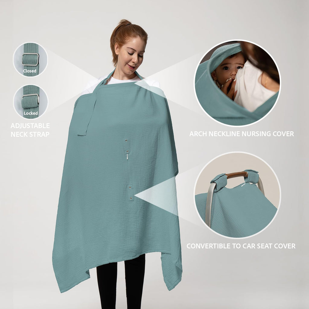 Nilsa 5-in-1 Muslin Nursing Cover up for Breastfeeding & Baby Car Seat Cover - Breathable Breastfeeding Cover With Rigid Hoop - 100% Cotton Privacy Apron Breast Feeding Covers For Women (Mint green)