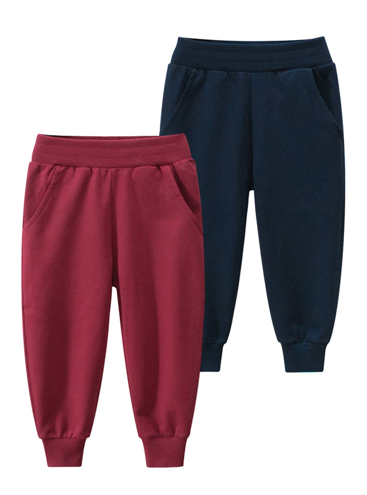 HUAER& Baby Boy's Jogger Pants Dinosaur Car Animal Print Drawstring Elastic Sweatpants 2-Pack (Red + Dark Blue, 4T)