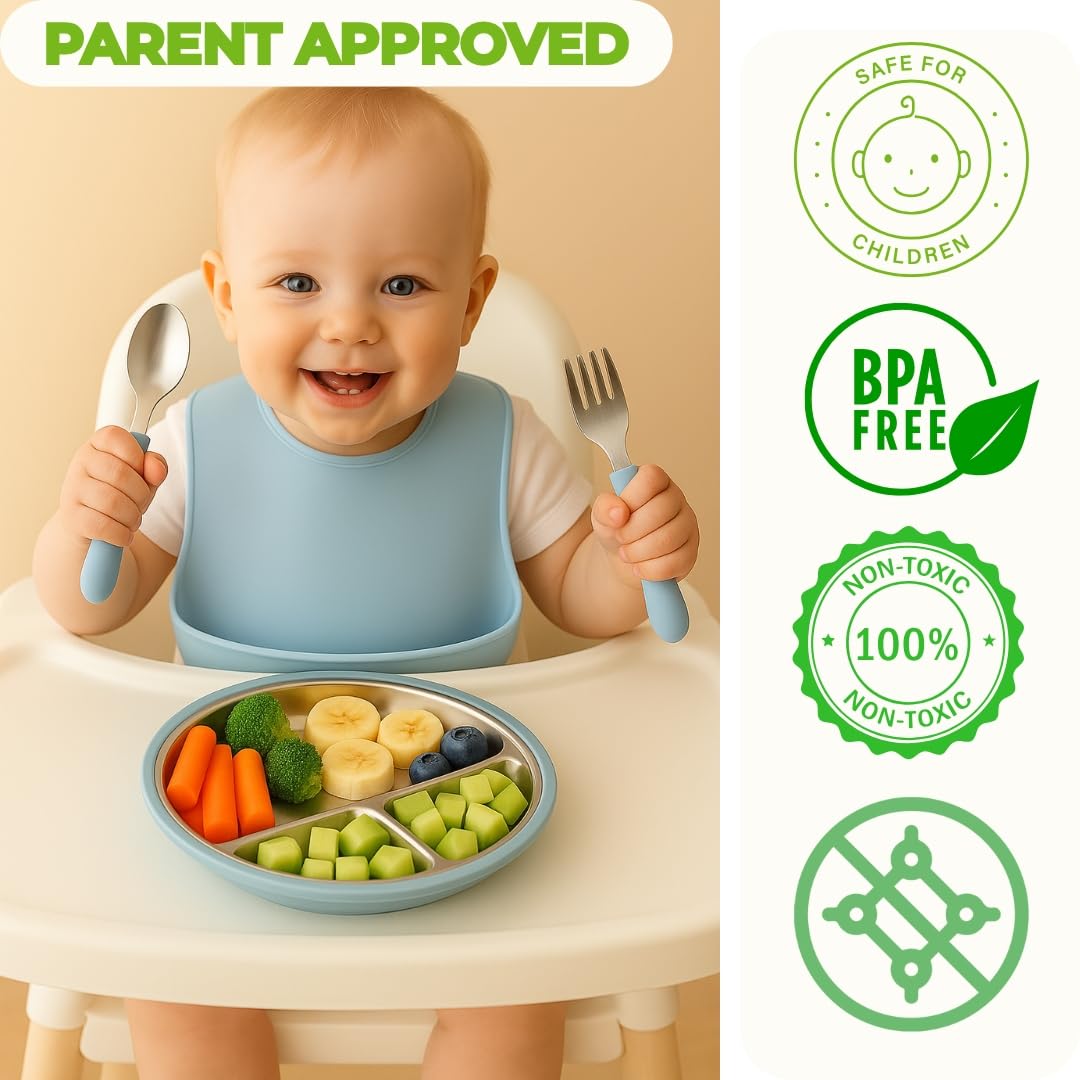 TOTS GROUND Stainless Steel Toddler Feeding Set 4 Pieces – Suction Plate, Silicone Bib, Spoon & Fork – Divided Plates for Baby Led Weaning, BPA-Free, Removable Shell (Baby Blue)