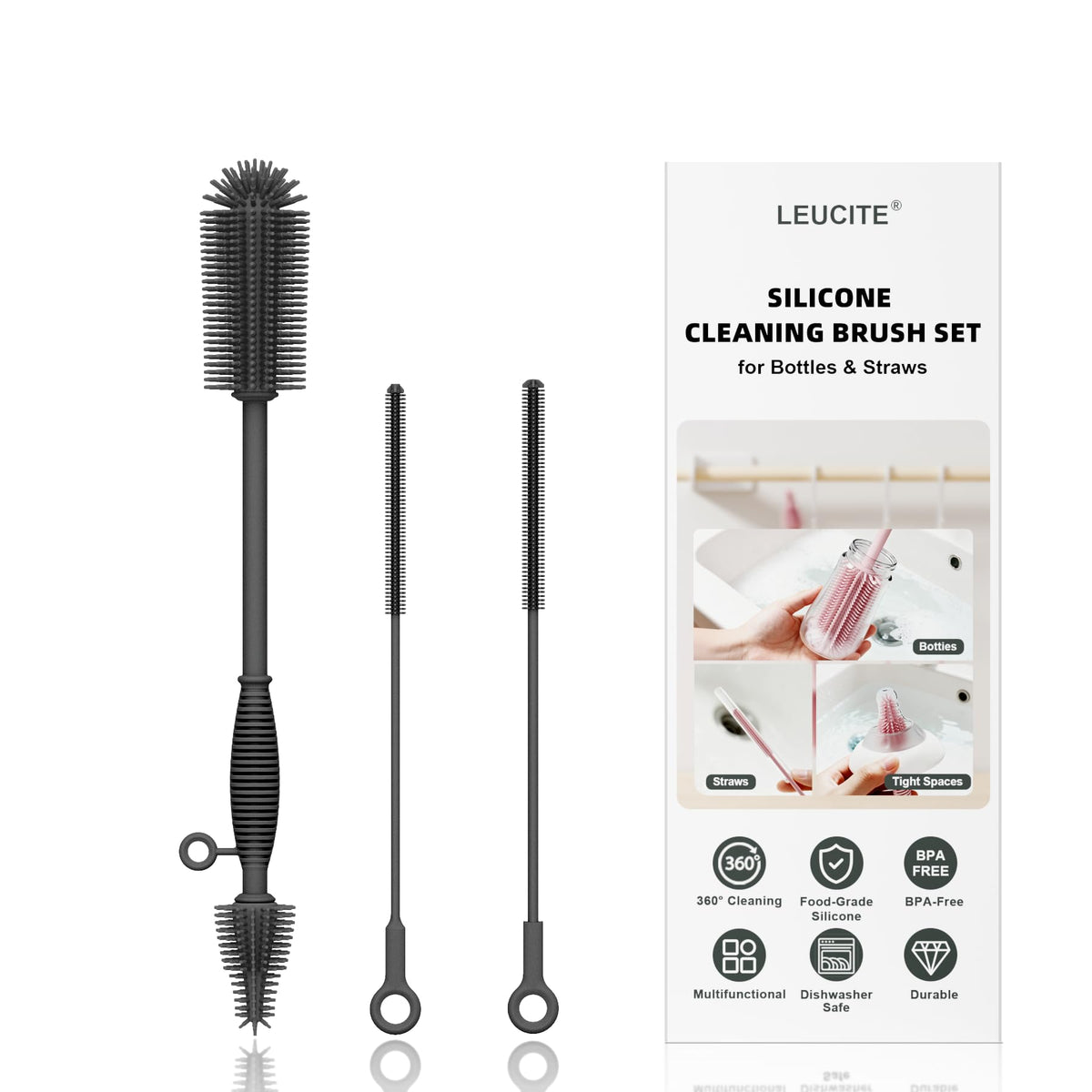 Reusable Silicone Straw Cleaner Brush Set, 2-Pack Extra Long Straw Cleaning Brush for Metal/Glass/Water Bottle/Drinking Straws, Flexible&Bendable Design, Dishwasher Safe, 6mm & 8mm Diameter