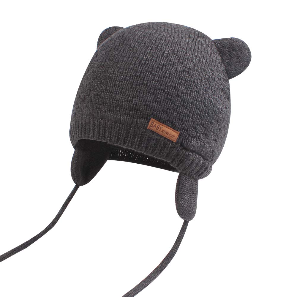 BAVST Baby Toddler Winter Beanie Warm Boys Girls Earflap Hat Infant Knit Caps Cute Bear Soft Cotton Lining for 0-36M(Grey-Dark,M)