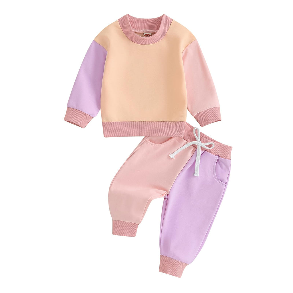 Fernvia Toddler Baby Girl Clothes 3 6 9 12 18 24 Months Fall Outfits Solid Long Sleeve Sweatshirt Tops + Pants Set (C-Purple Pink, 12-18 Months)