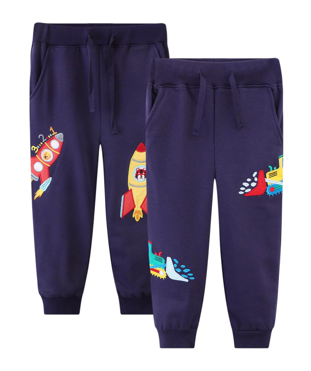 LOKTARC 2 Pack Toddler Boys Pants Drawstring Sweatpants Kids Active Cotton Jogger Pants Navy Excavator + Rocket 4-5Years