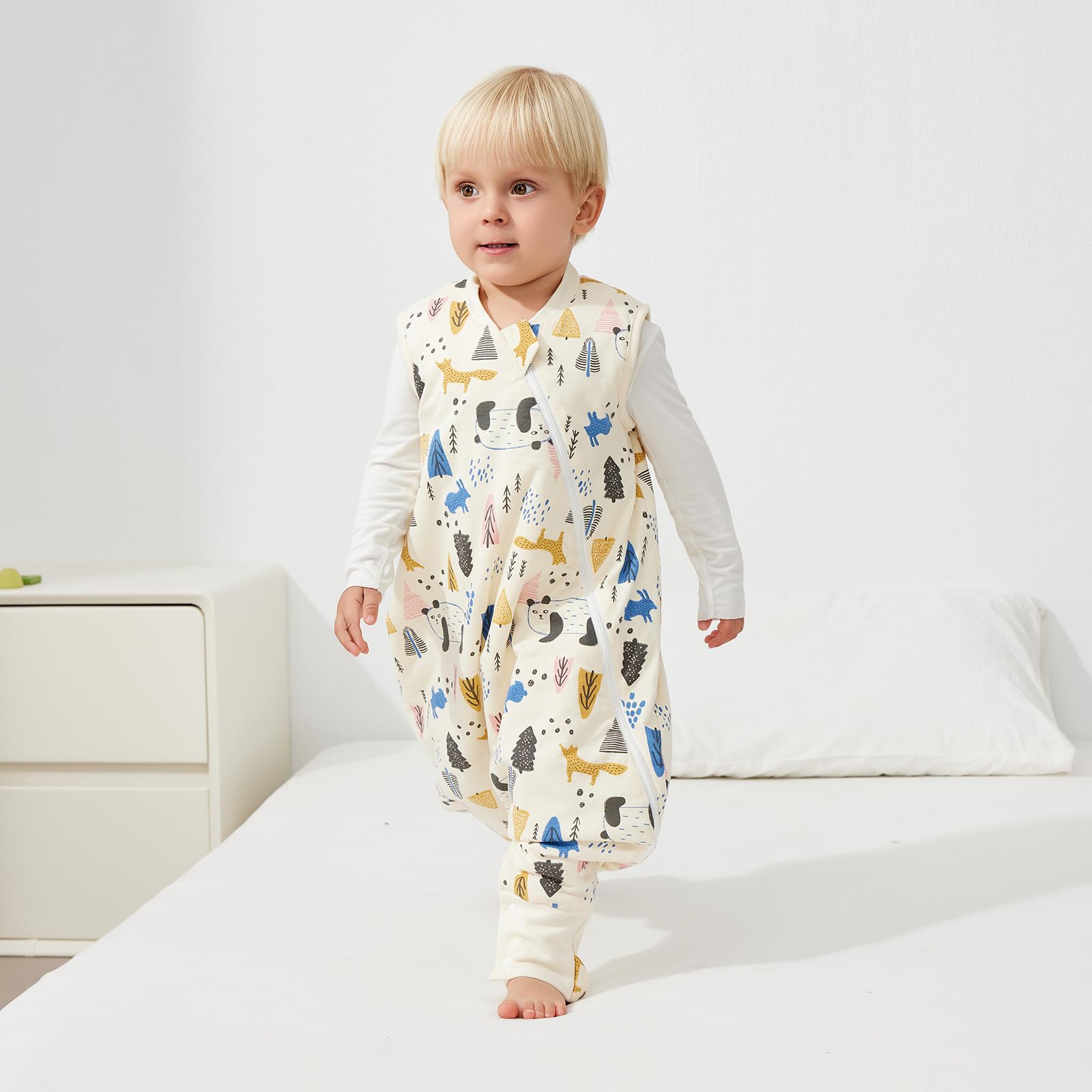 Duomiaomiao 1.5 TOG Toddler Sleep Bag 6-12 Months 100% Cotton Four Season Side Open Zipper Baby Sleep Sack with Feet, Breathable Toddler Wearable Blanket