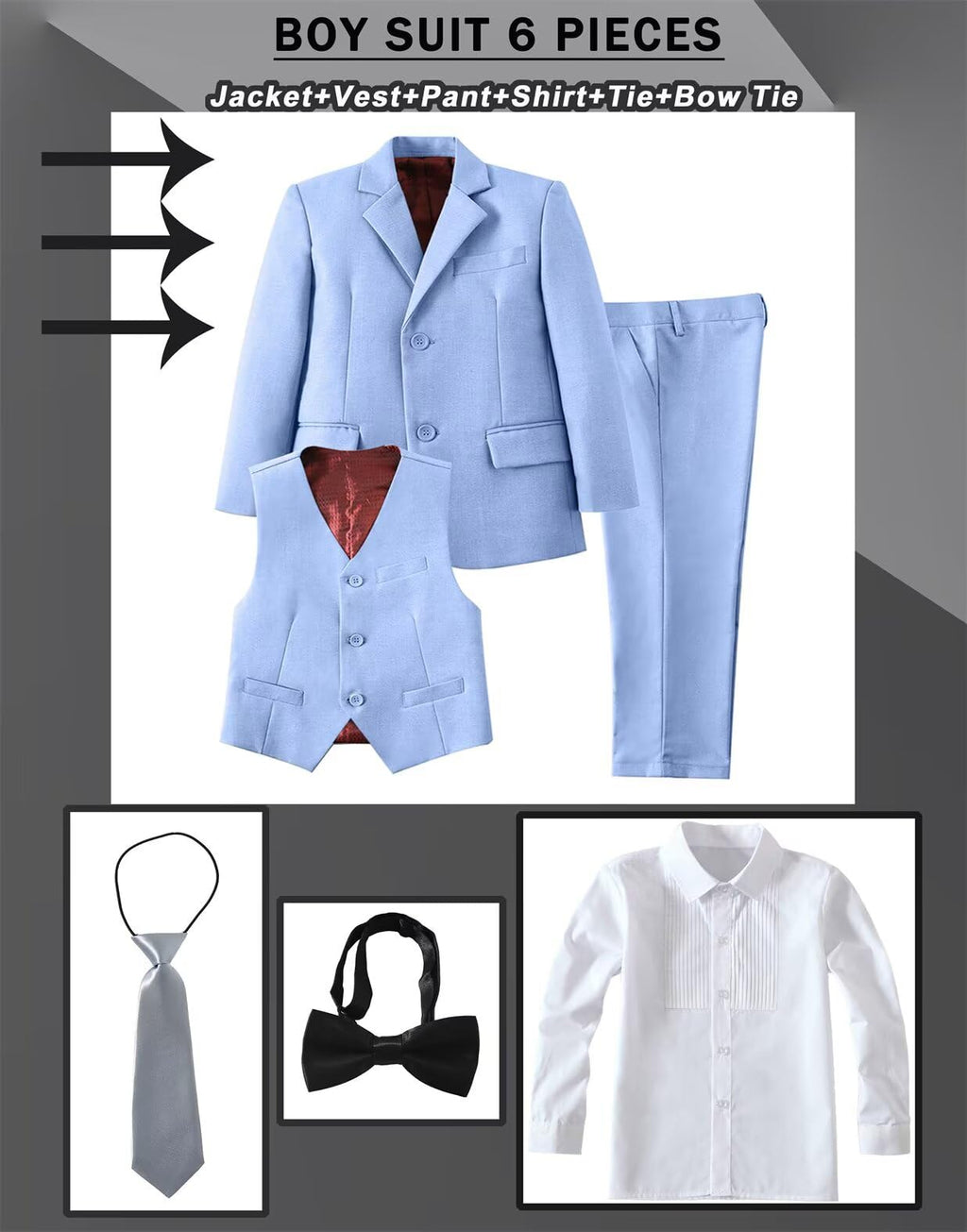 Boys Suit Slim 6 Piece Formal Kids Tux Suits Prom Boy Outfit Sky Blue 3