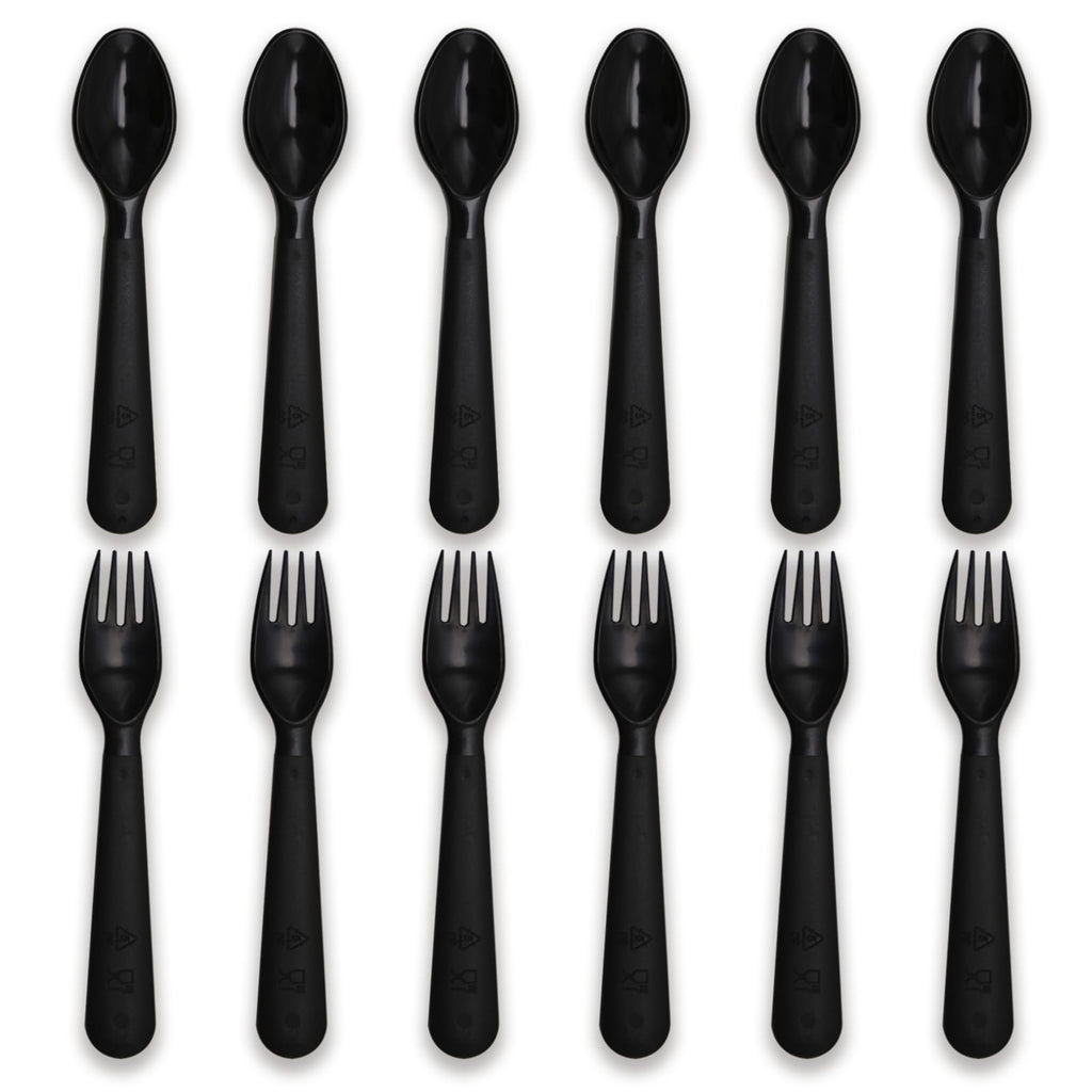 Muulaii 12 Pcs Kids Forks and Spoons, Plastic Kids Utensils Set, Black