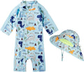 Toddler Baby Boys Swimsuit Rashguard One Piece Zipper Bathing Suit with Sun Hat Infant Swimwear Sunsuit UPF 50+