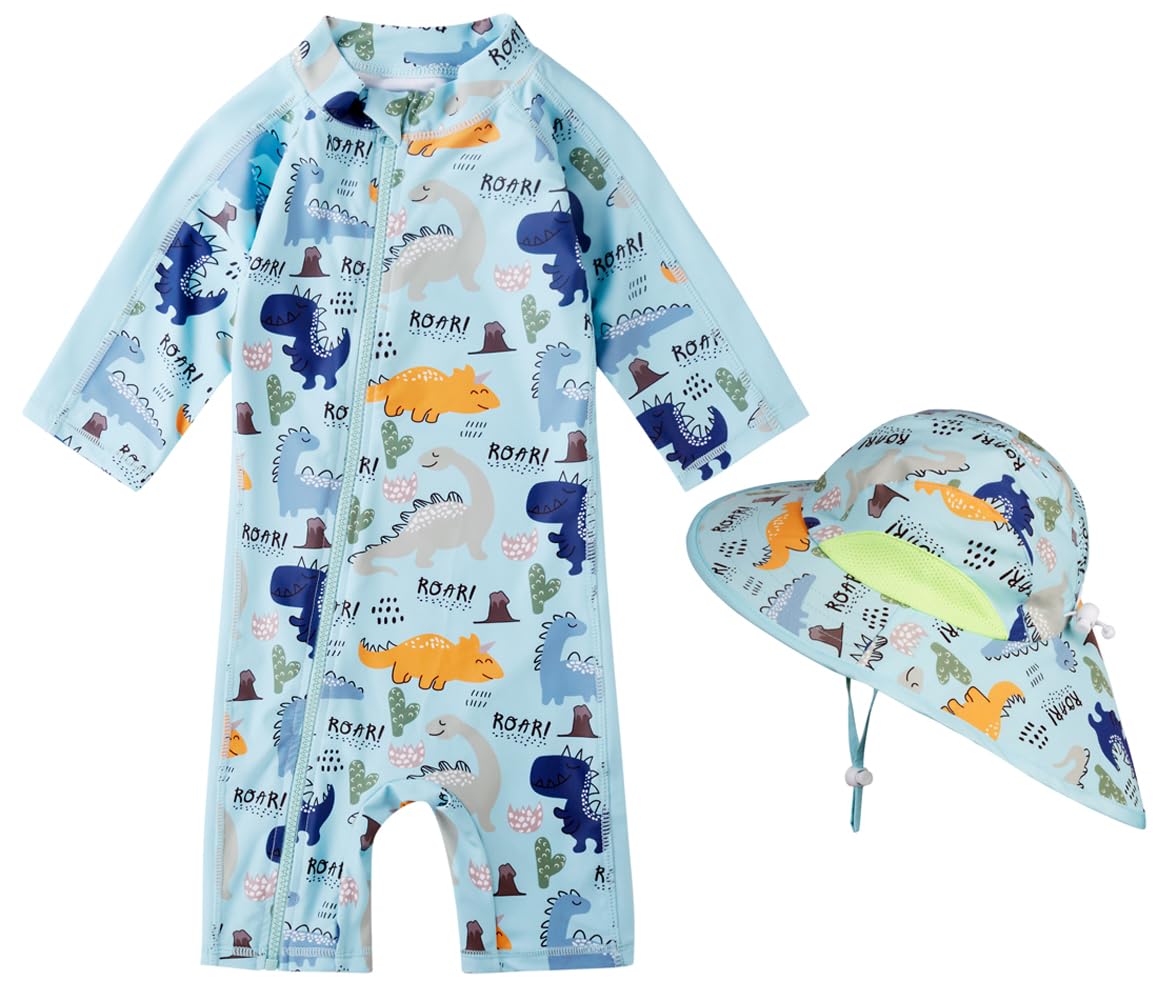 Toddler Baby Boys Swimsuit Rashguard One Piece Zipper Bathing Suit with Sun Hat Infant Swimwear Sunsuit UPF 50+（Pirate，9-12 Months）
