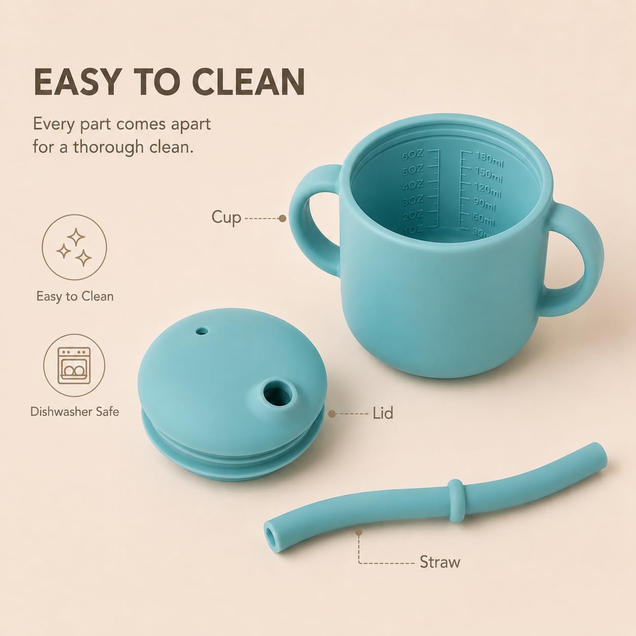 Silicone Baby Straw Cup for Babies 6+ Months, 6 oz BPA-Free Food Grade Silicone Training Cup with Soft Straw & Leak-Resistant Lid, Easy-Grip Toddler Sippy Cup for Baby Led Weaning & Self-Feeding