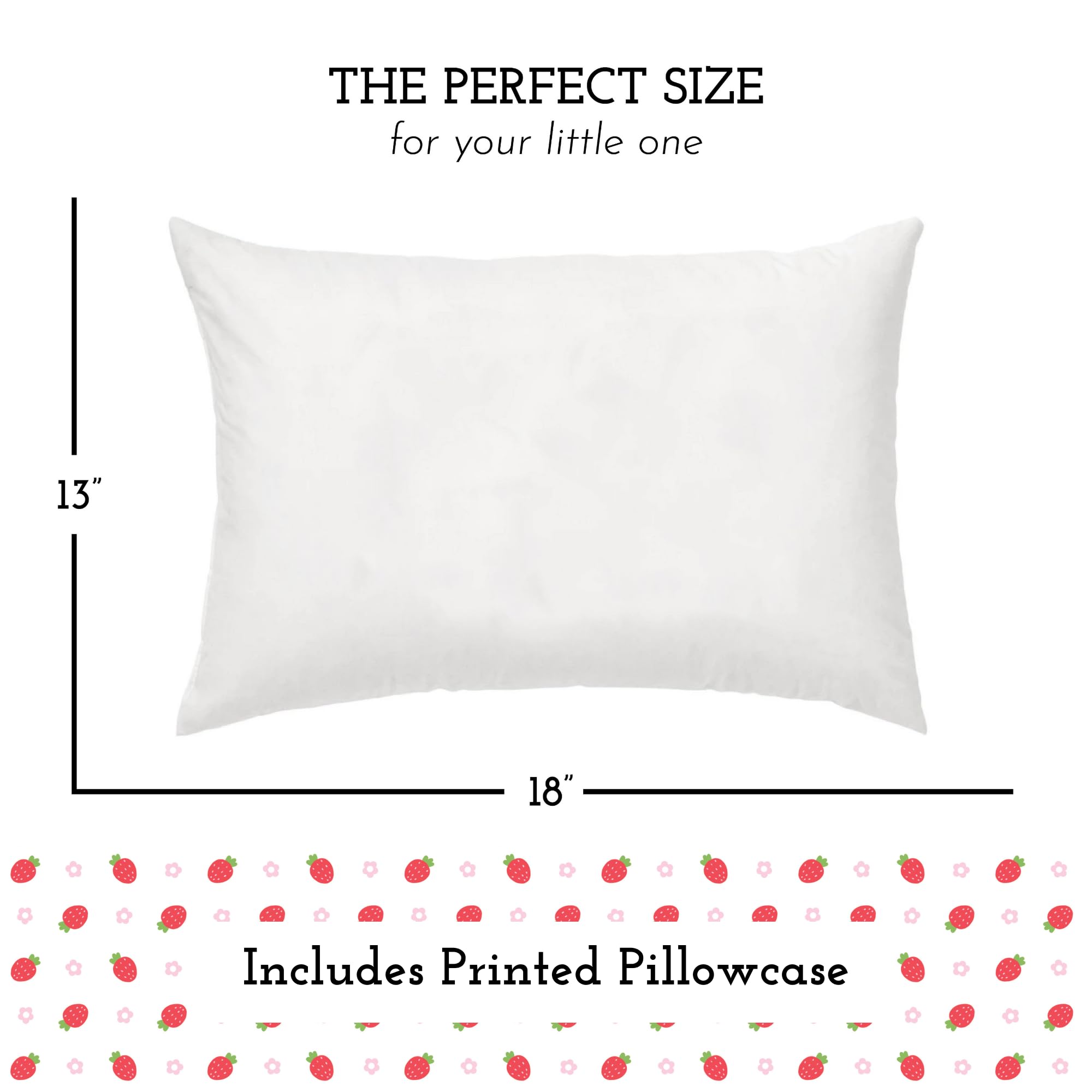Toddler Bed Pillow with Cotton Pillow Case – 13x18 Kids Pillows for Sleeping, School, Travel & Daycare – Hypoallergenic Toddler Pillow 2 Year Old to 5 with Envelope Pillowcase (Strawberries)
