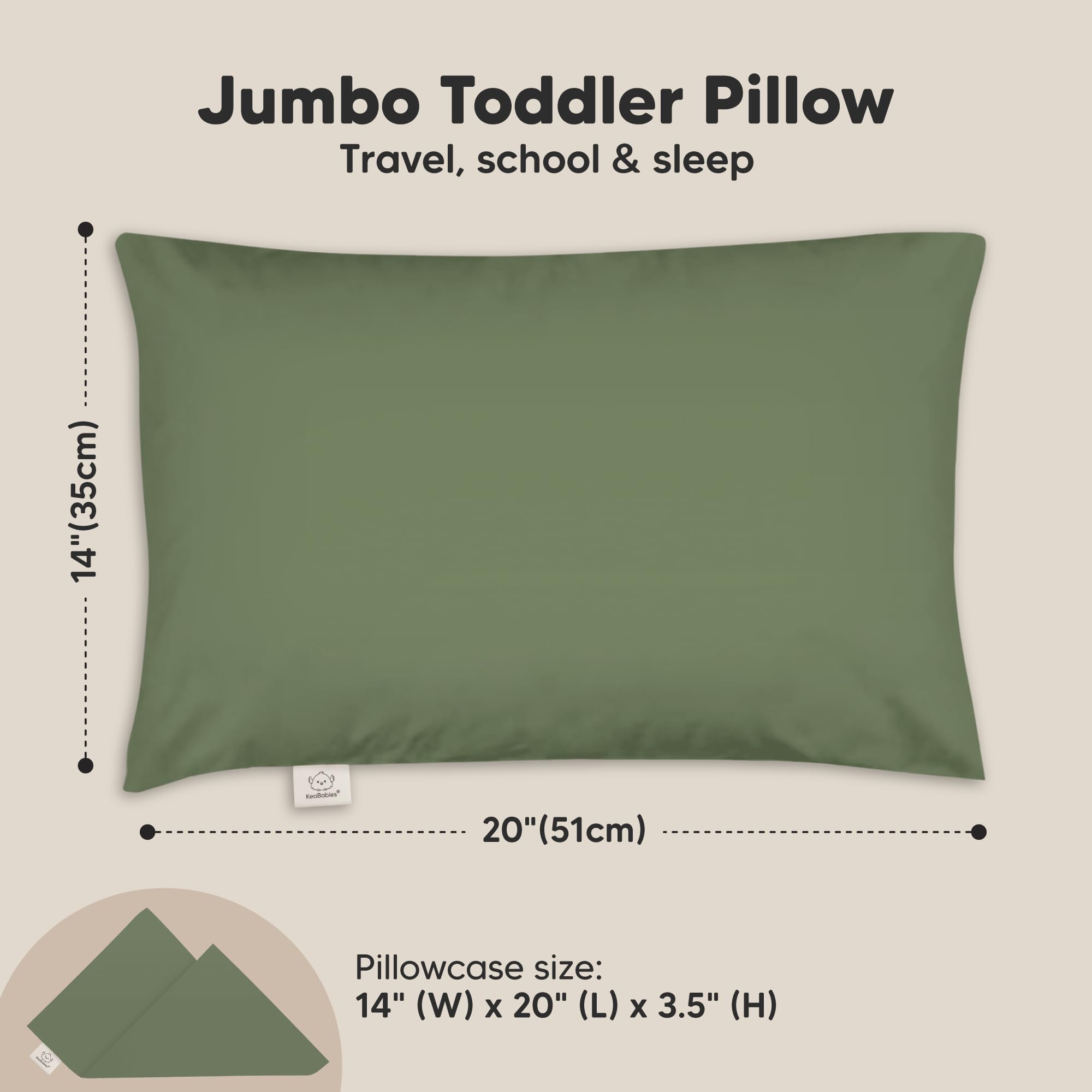 KeaBabies Organic Toddler Pillow with Pillowcase,Jumbo 14X20(Jungle Green)