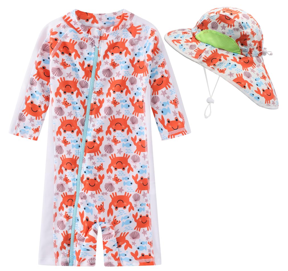 Toddler Baby Boys Swimsuit Rashguard One Piece Zipper Bathing Suit with Sun Hat Infant Swimwear Sunsuit UPF 50+（Pirate，9-12 Months）