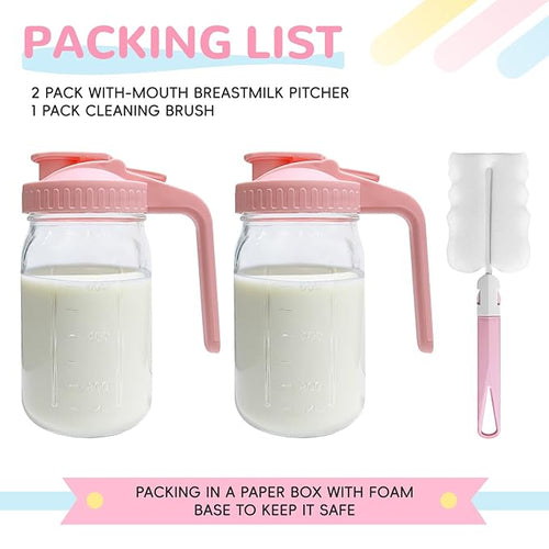 2 PACK Breast Milk Pitcher 32OZ Glass Breastmilk Pitcher with Lids(Pink)
